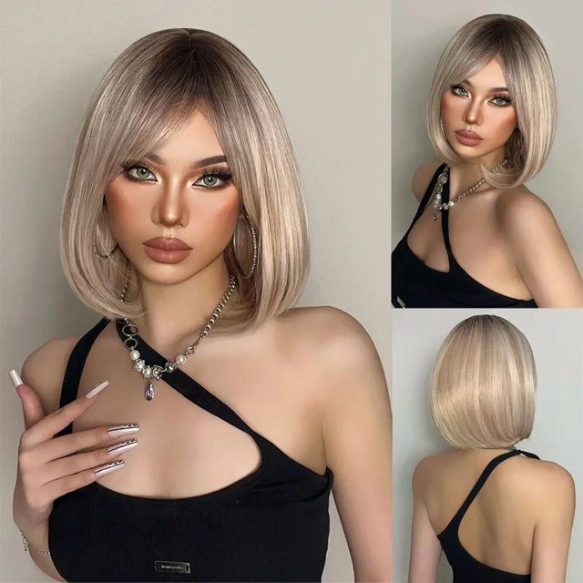 Pelucas cortas y rectas con flequillo para mujer, pelo sintético Natural, negro, marrón, fiesta, suave y sedoso, resistente al calor