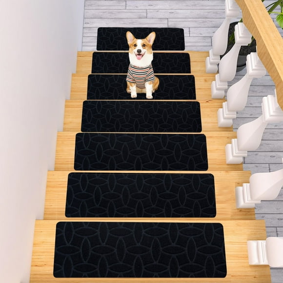 Non Slip Stair Treads for Wooden Steps Indoor, Carpet Stairs Runner 4 Pack 8" x 30" Stair Tread Rugs for Wood Stairs, Machine Washable Step Runners, Stair Pads for Pet, Black
