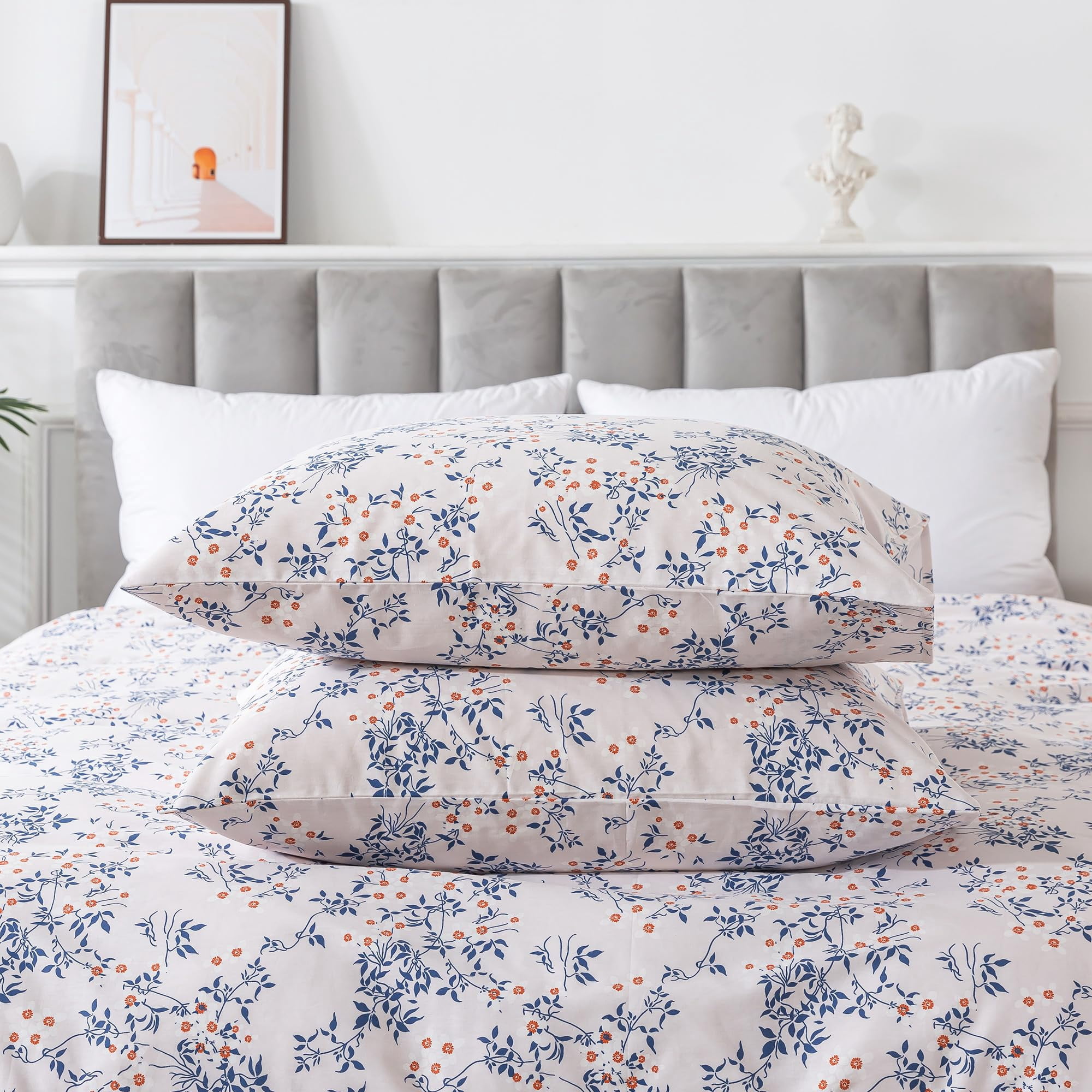 HoneiLife 3pc Duvet Cover Queen Size - 100% Cotton Comforter Floral Breathable Duvet Cover with Zipper Closure & Corner Ties, Blue Leaves