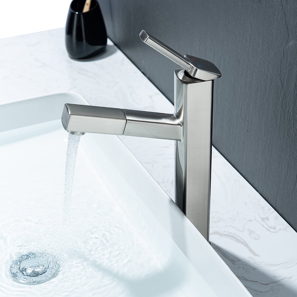 KAIYING Single Handle Bathroom Sink Faucet with Pull Out Sprayer, Rotating Spout, Pull Down Basin Mixer Tap for Hot and Cold Water (Tall, Brushed Nickel)