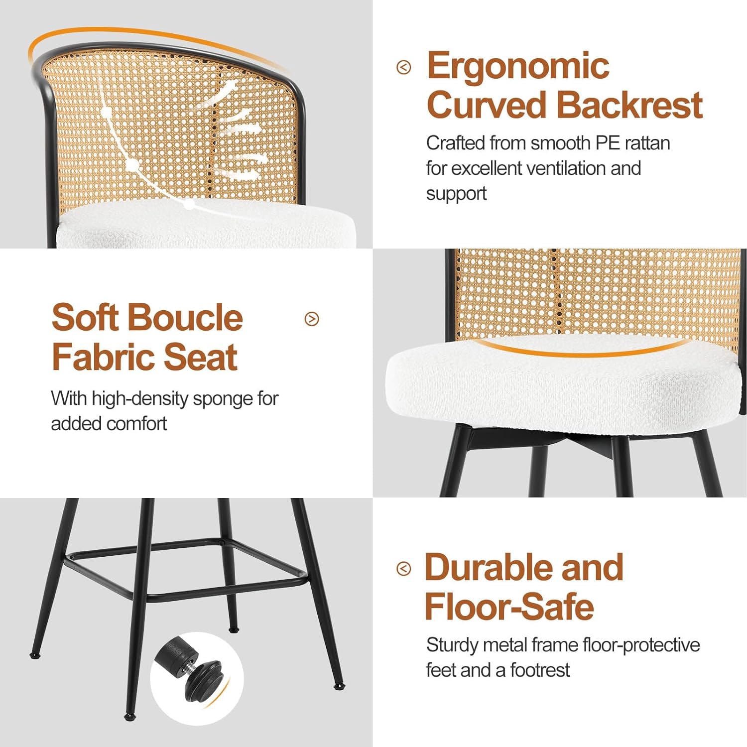 Foreate Cane Swivel Barstools Set of 2, 29" Seat Counter Height w/ Rattan Mid-Back Metal Legs, Upholstered Boucle Fabric Modern Armless Bar Stools Chairs for Kitchen Island Pub