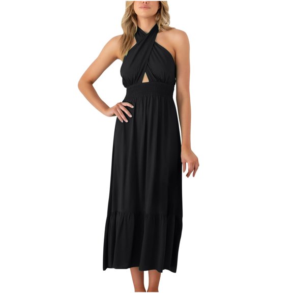 Black and Friday Deals 2023 Clearance under $5 JINMGG 2023 Summer Clearance Dresses under $10.00 Women's Summer Cross Halter Neck Sleeveless Solid Color Cut Out Backless Flowy A Line Maxi Dress