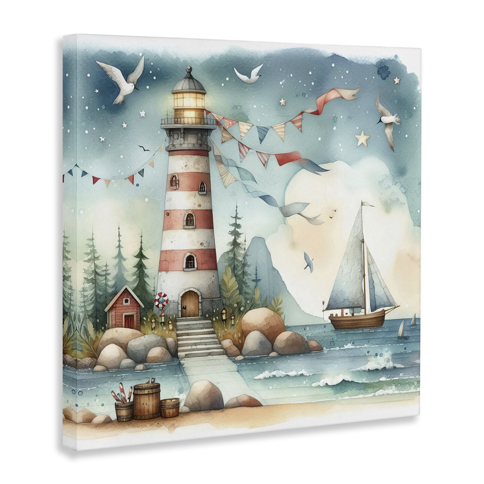 Stupell Industries Whimsical Lighthouse & Birds Nautical & Beach Painting Wrapped Canvas Art Print Wall Art, 24 x 24