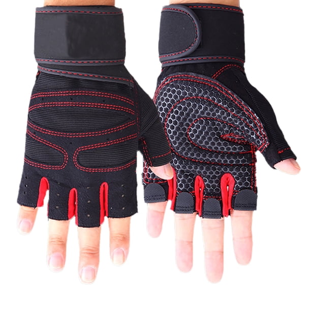 Guantes de fitness antideslizantes, transpirables, sin dedos, para hombres y mujeres, guantes de entrenamiento con muñequera para levantamiento de pesas, gimnasio, color rojo