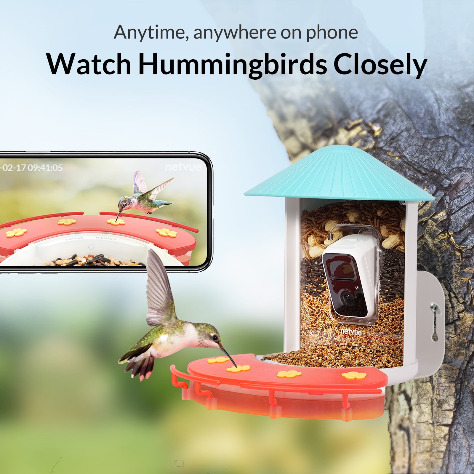Birdfy Hummingbird Feeder Camera, Bird Feeders with Camera and Solar Panel, 1080P wide-angle camera for real-time bird watching, Ideal Gift for Hummingbird Lovers