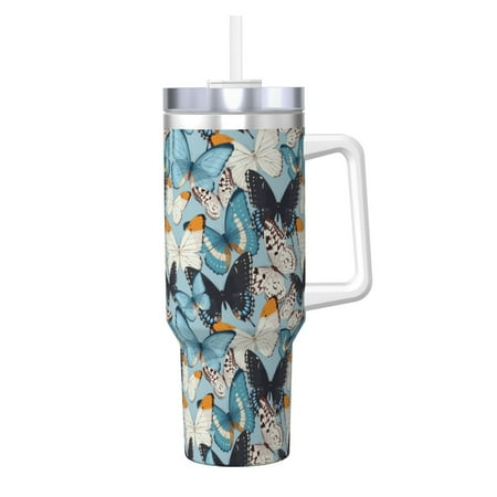 

Uemuo Butterflys Print 40oz Ice Bully With Handle And Straw Stainless Steel Vacuum Insulated Cup And 2 In 1 Straw Lid Insulated Travel Tumbler