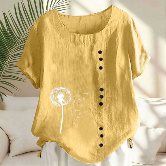 YueHuiYing Womens Short Sleeve Tops Spring And Summer V-Neck Tshirts Casual Pleated Loose Floral Printed Button T-Shirt