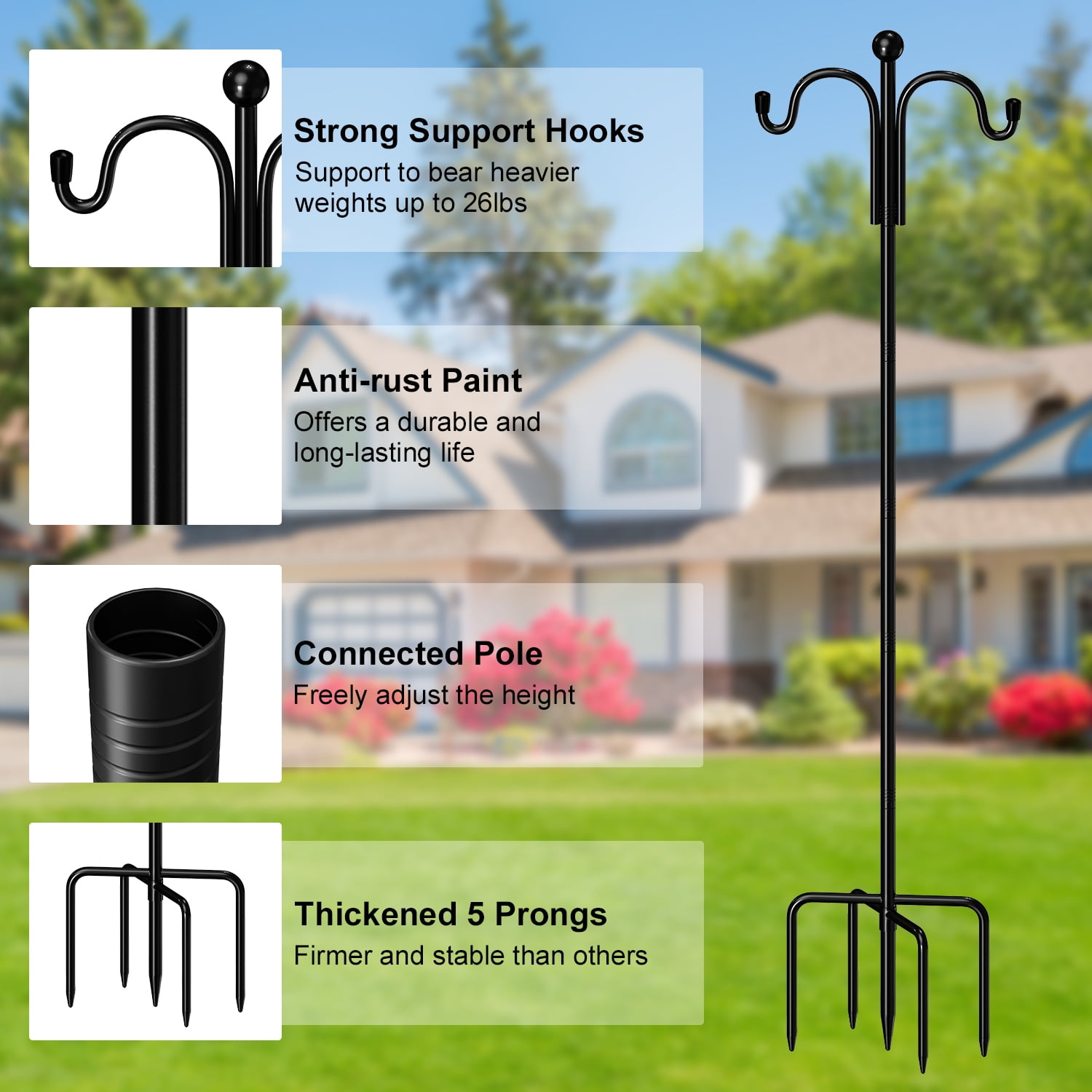 Shepherds Hooks for Outdoor, 2 Pack 76” Double Bird Feeder Poles with 5 Prongs, Adjustable Outdoor Plant Hanger Hooks for Plant Baskets, Lanterns, Wedding Decor