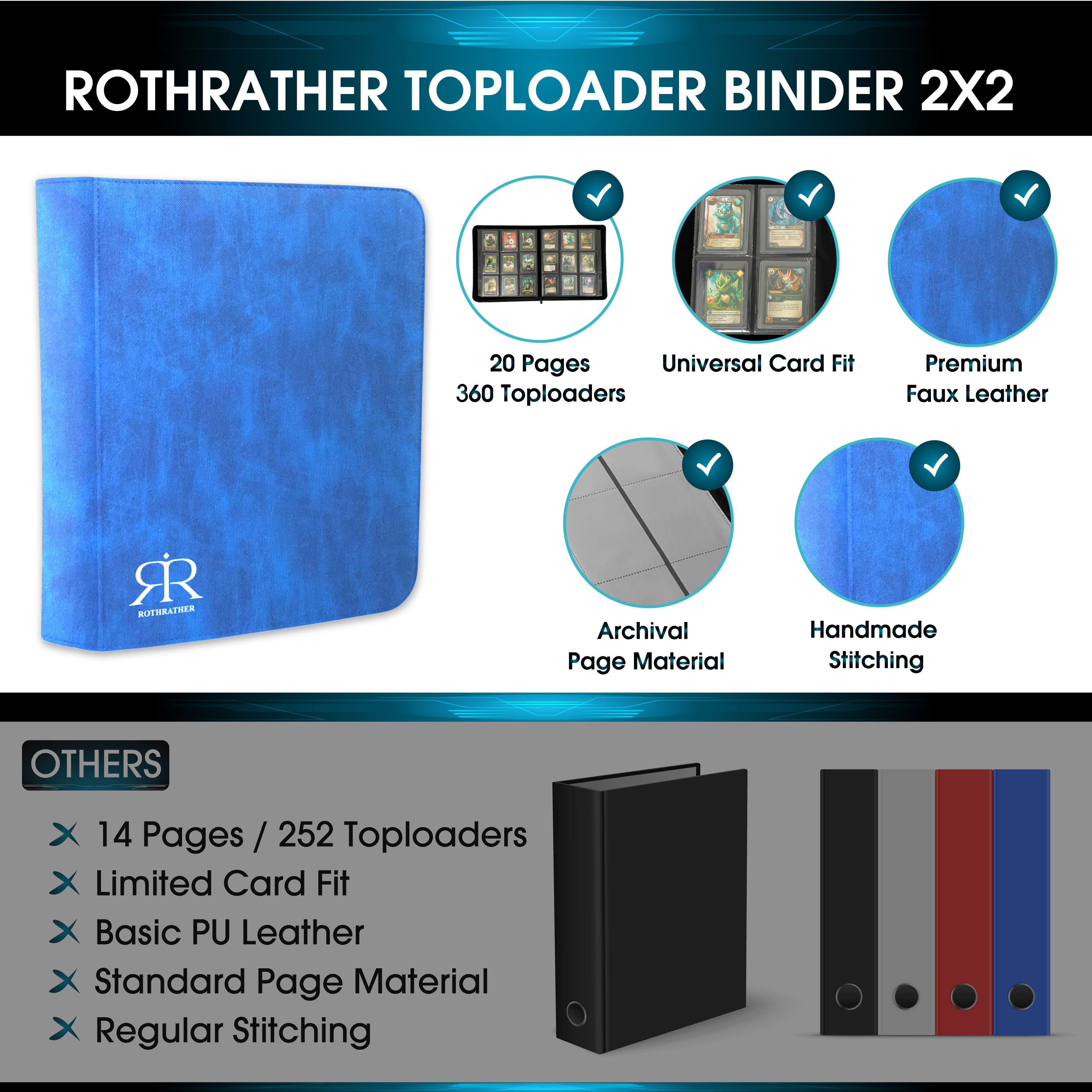 ROTHRATHER Premium Leather Top Loader Binder for cards, 9 Pockets Trading Card Binder Sleeves, 360 Card, Blue