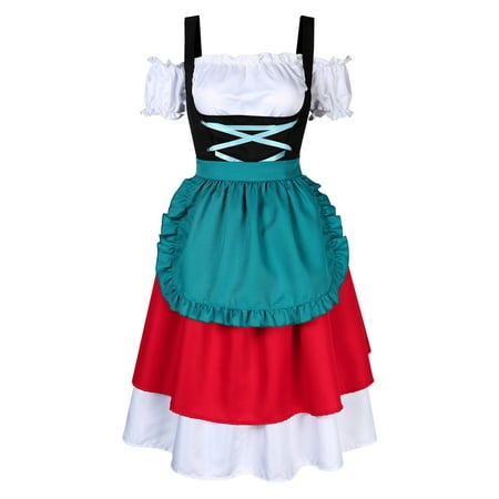 Women 3-Piece Dirndl Dress Colour Blocking Cold Shoulder Bavarian Oktoberfest Costume (Dress, Blouse, Apron)