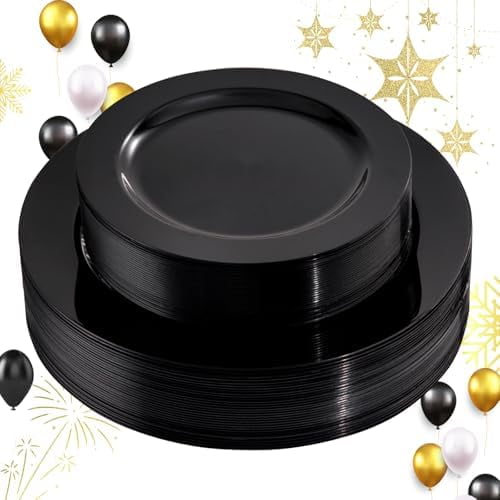 60PCS Black Plastic Plates - Heavy Duty Black Disposable Plates for 30 guests Halloween Party/Wedding/New Year - Include 30PCS 10.25inch Dinner Plates and 30PCS 7.5inch Dessert Plates