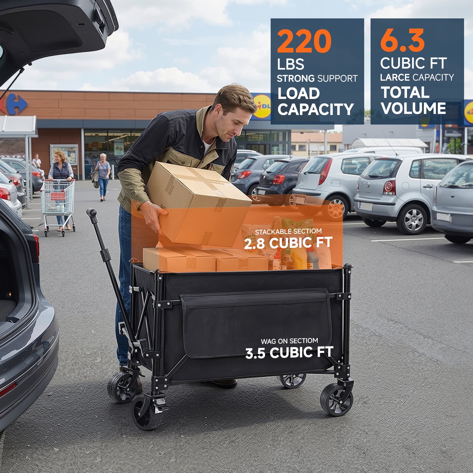 Favoyard Collapsible Wagon Cart, Portable Utility Wagon with All-Terrain Wheels and Brakes, for Camping, Grocery, Garden, 150L and 360lbs, Black