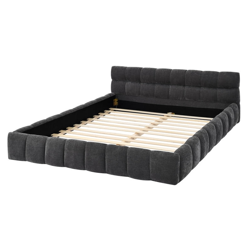 Queen Size Upholstered Platform Bed with Thick Fabric, Chenille Grounded Bed with Headboard and Solid Frame, No Box Spring Needed