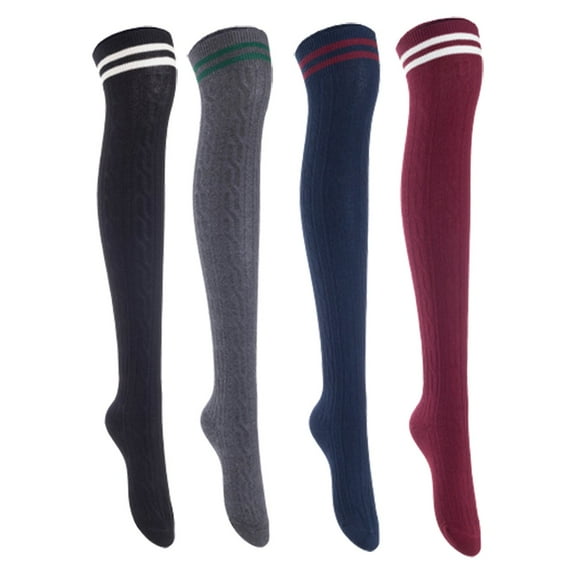Lian Lifestyle Women's 4 Pairs Incredible Durable Super Soft Unique Over Knee High Thigh High Cotton Socks, Size US 6-9, JMYP1023 Black, Dark Gray, Navy, Wine