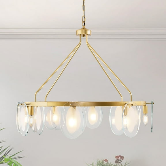 LovingAHome 35.43'' Modern Chandelier for Living Room Dining Room, 8 Lights Glass Leaf Wagon Wheel Chandelier,Gold