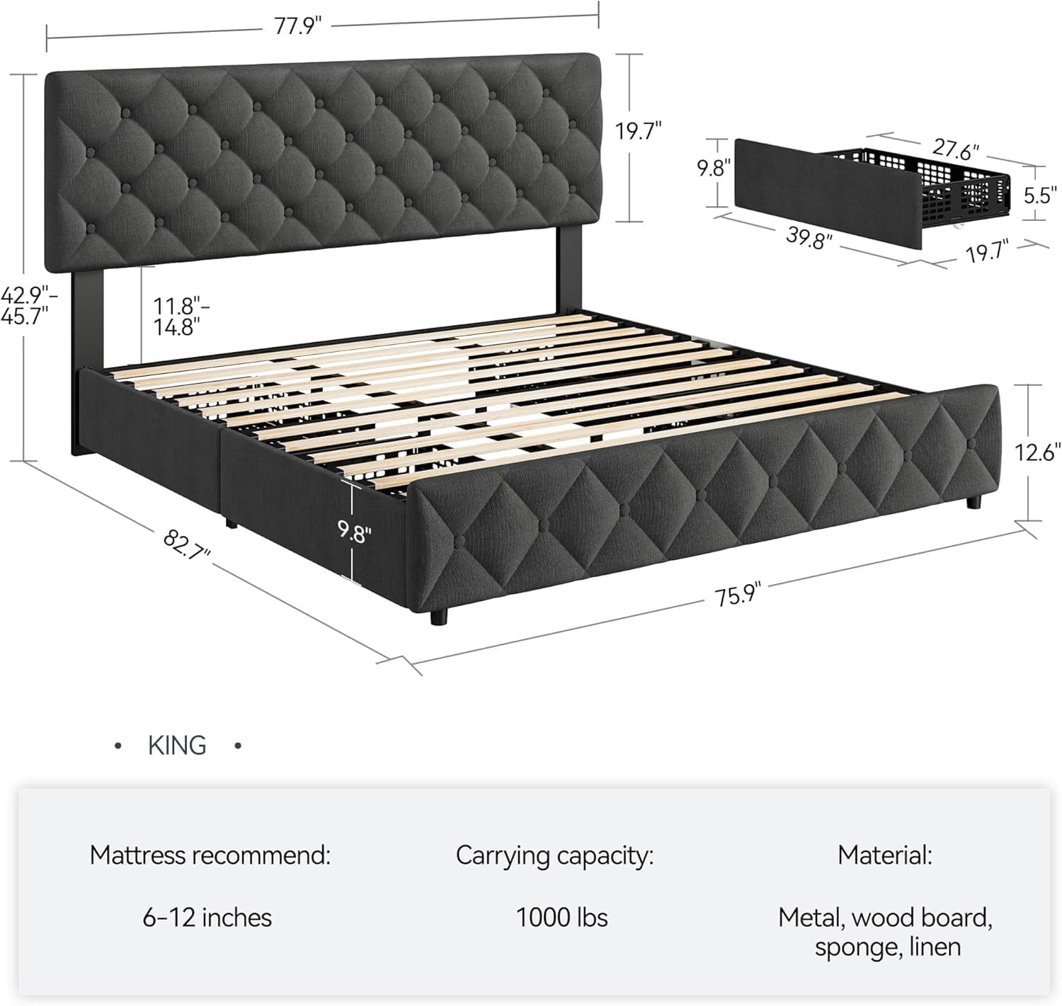 GARVEE King Size Bed Frame, with Adjustable Headboard, 4 Storage Drawers, Gray