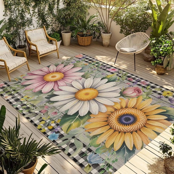 Vintage Daisy Floral Outdoor Rug for Patio/Deck, Non-Slip Large Area Rug 6 x 9 Ft, Spring Flowers Botanical Leaves Checkered Wooden Indoor Outdoor Rugs Washable Area Rugs, Camping Rug Carpet Runner