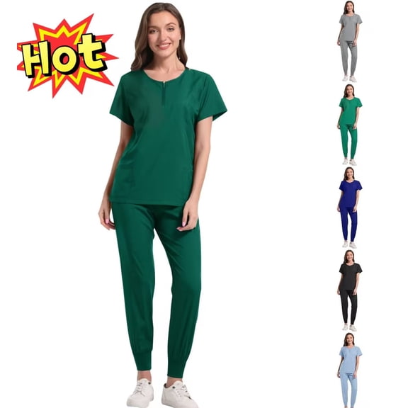 pstuiky Scrubs for Women, Women's Short Sleeve Round Neck Scrub Set Solid Color Nurse Uniform with Pants Casual Workwear for Nurses Work, Daily Wear and Home, Army Green S