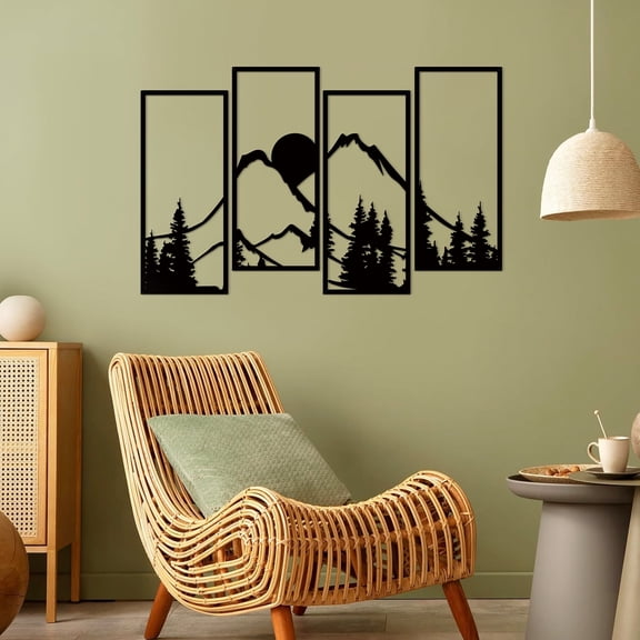 ESTART 4 Pcs Metal Sunset Mountain and Forest Wall Art, Minimalist Line Drawing Nature Landscape Wall Decor for Living Room, Bedroom, Office (Middle)