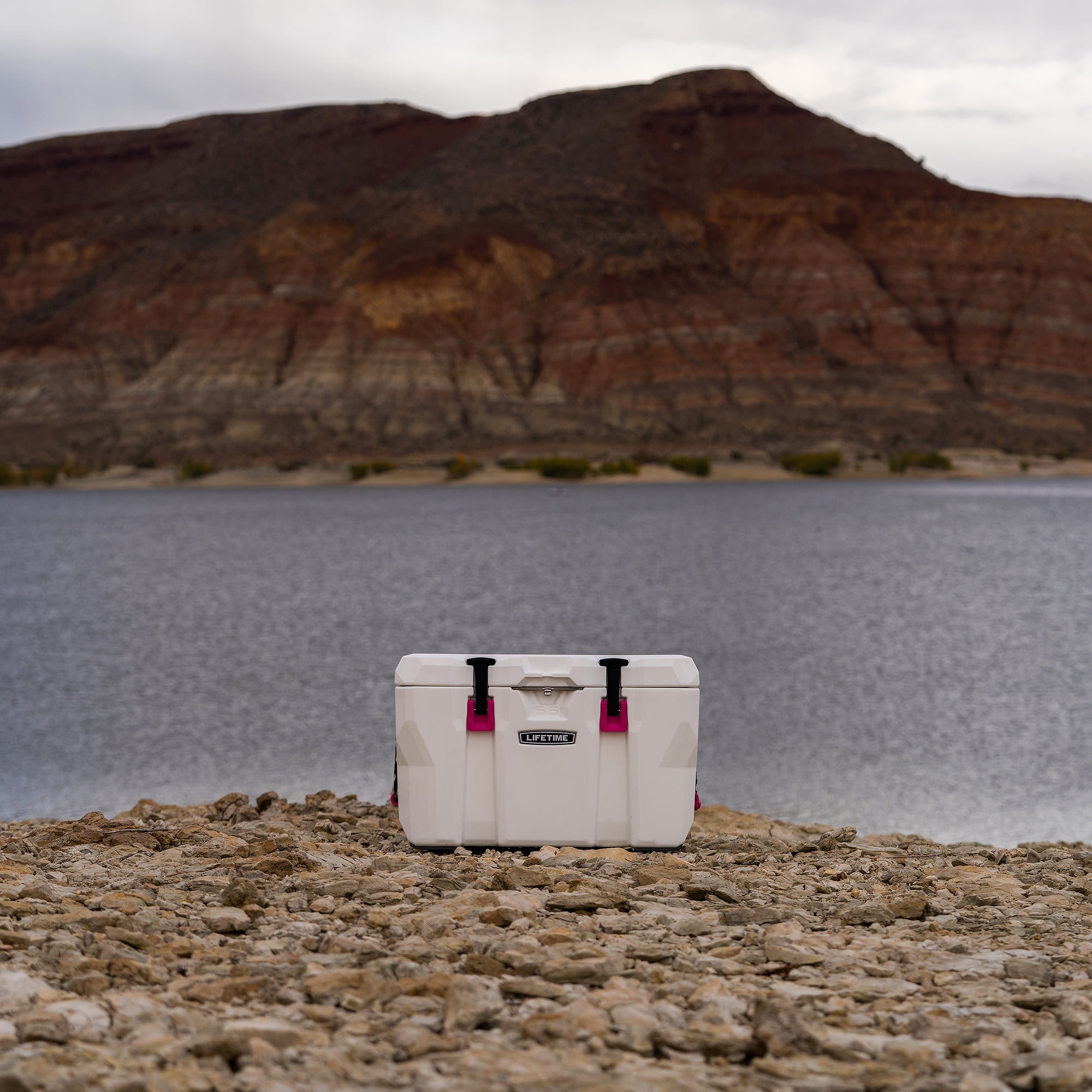 Lifetime 55 qt Bear-Resistant Camping Cooler, Premium High Performance, Ice Retention, Hard Cooler, 60 Can Capacity, White and Pink (91245)