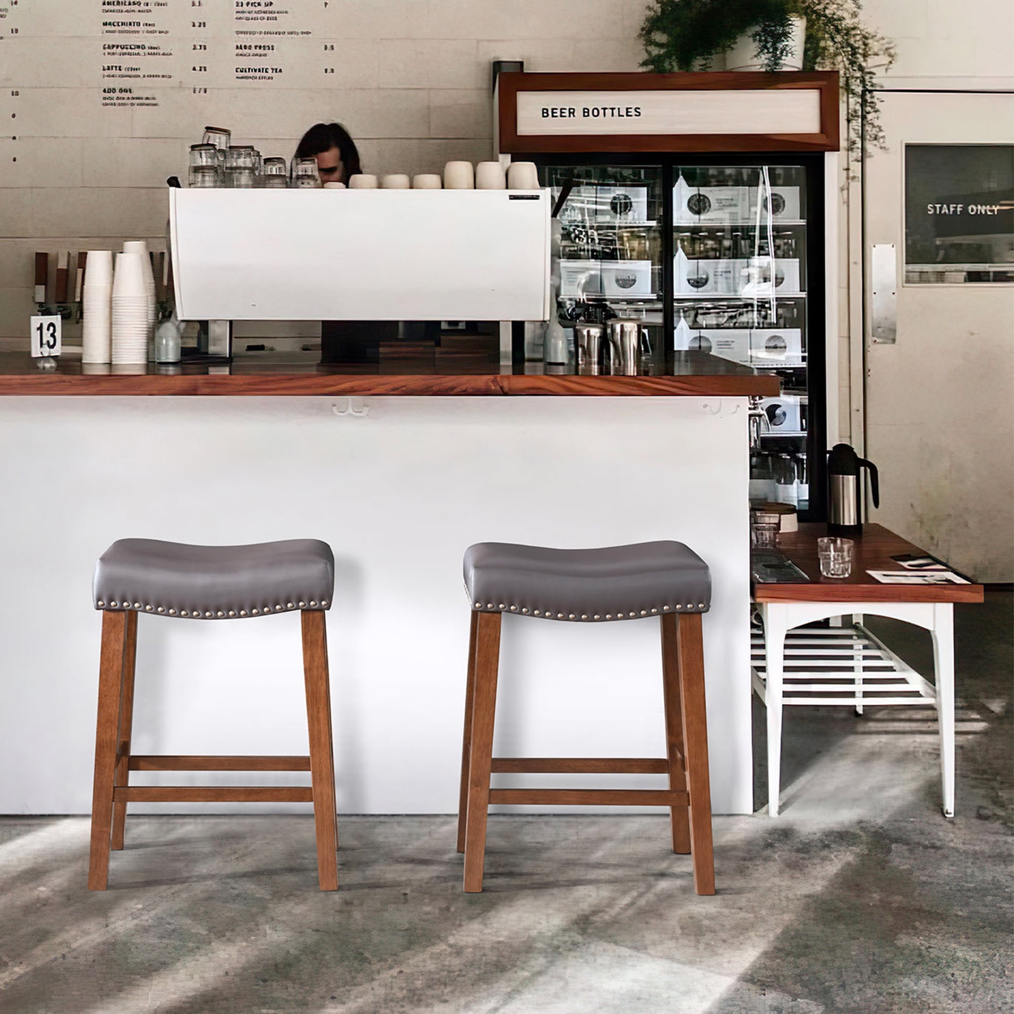TrumanPick 24" Bar Stools Set of 2 Counter Height Stools Modern Saddle Barstools for Kitchen Island Leather Bar Chairs, Brwon