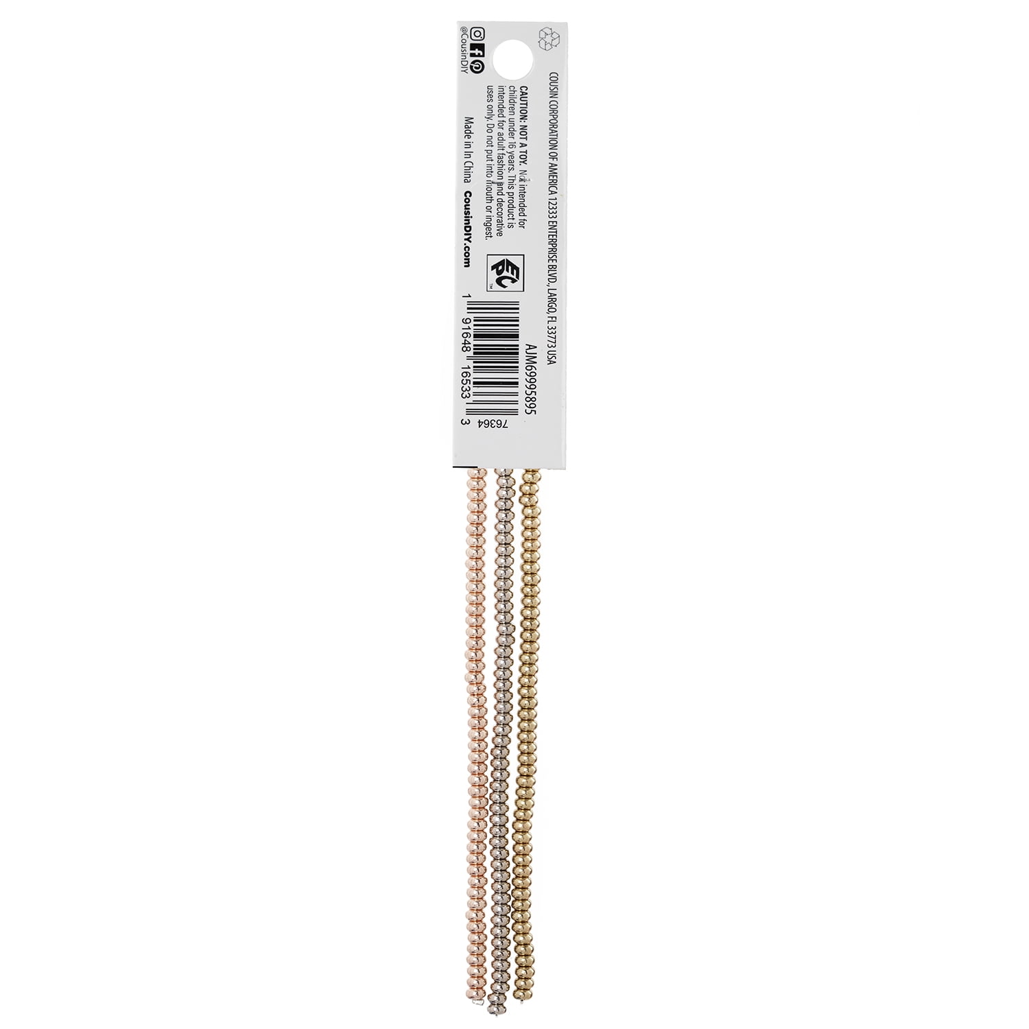 Cousin DIY 3-Strand Metallic Disk Beads, Gold/Silver/Rose, 7.5in Each, 210 Piece, Adult