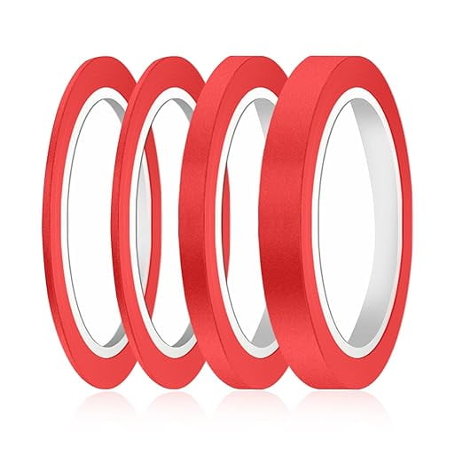 4 rollos de cinta adhesiva colorida, cinta adhesiva de 3/6/12/15 mm, cinta fina de pintor, para automóvil, automoción, bricolaje y decoración artística, escuela, oficina (rojo)