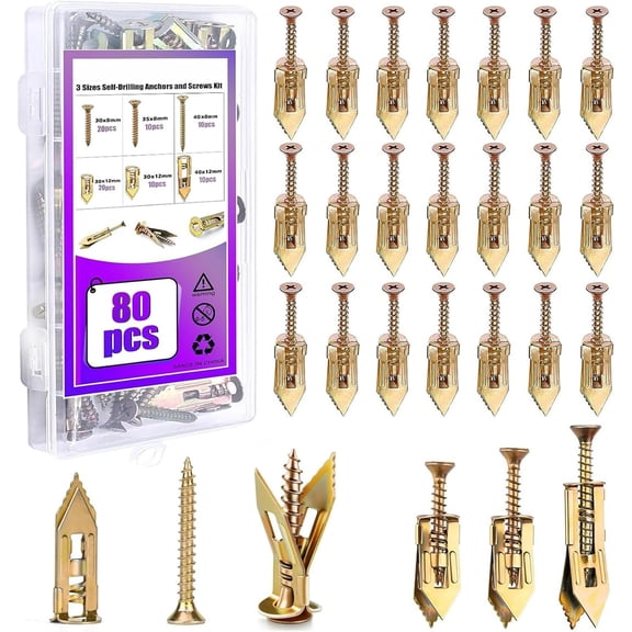80Pcs Self Drilling Drywall Anchors with Screws Kit, 3 Sizes Heavy Duty Dry Wall Anchor Screw Set, No Drill and Holes in Wall, Metal Expansion Bolts for Plaster Board Wall Fixing (40   40)