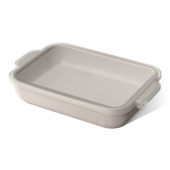 Beautiful 9”x 13” Stoneware Baker with Plastic Lid, Porcini Taupe by Drew Barrymore