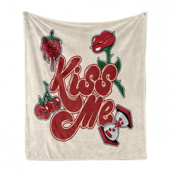 Kiss Me Soft Flannel Fleece Throw Blanket, Hand Calligraphy Style Phrase Nineties Style Retro Rose and Berries, Cozy Plush for Indoor and Outdoor Use, 60" x 80", Vermilion Green Beige, by Ambesonne