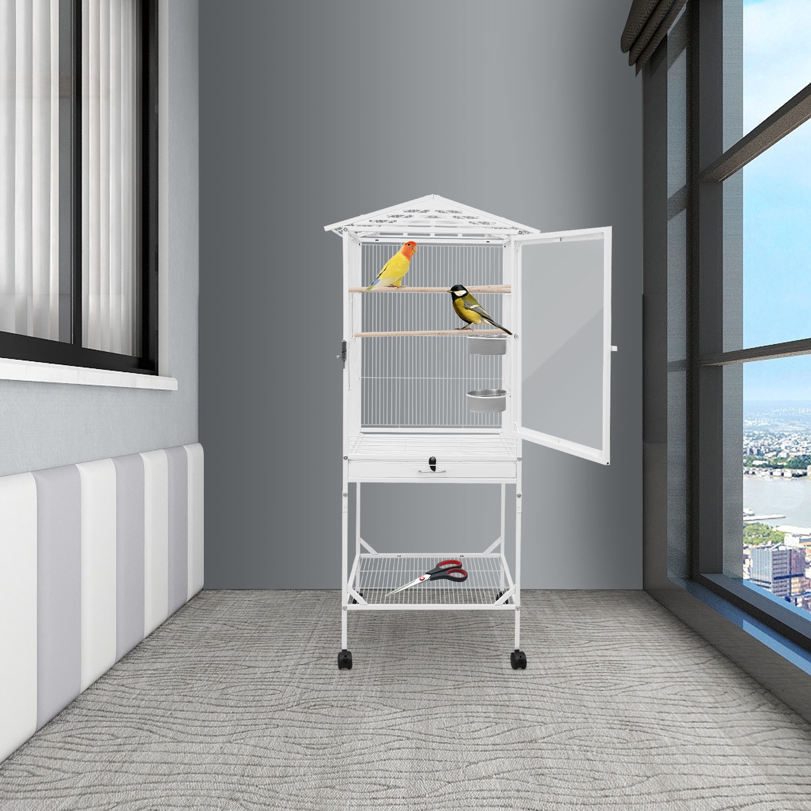 Bird Cage with Wheels, Cage for Parrots, Large Bird Cage, for Homes, Shops, and More on Balconies, for Cockatiels, Budgerigars, Long-tailed Parrots, or Other Birds