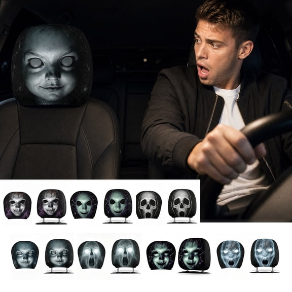 pathside Halloween Ghost Face Headrest Covers, Scary Face Printing Auto Seat Elastic Models Headrest Protector with Glowing-Eye Effects Cover Funny Decoration for Car Interior Vehicle Truck