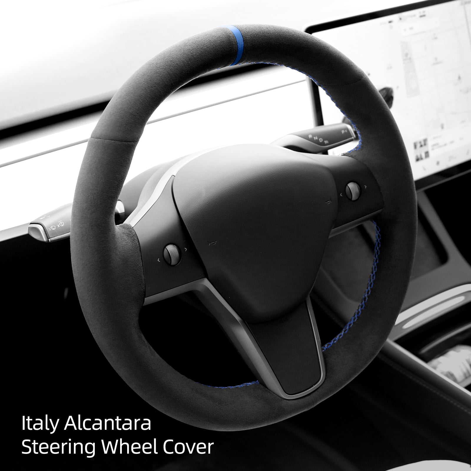 Alfanxi Hand Stitch Sewing Italy Alcantara Car Steering Wheel Cover for Tesla Model 3 or Tesla Model Y 2018-2025(Blue Stripe)