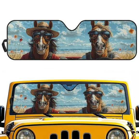 Jeiento Windshield Sun Shade Compatible with 2007-2024 Wrangler Rubicon Sahara TJ JK JKU 2 & 4 Door Funny Horse Car Sun Shade Sun Visor Protector Keep Your Vehicle Cool