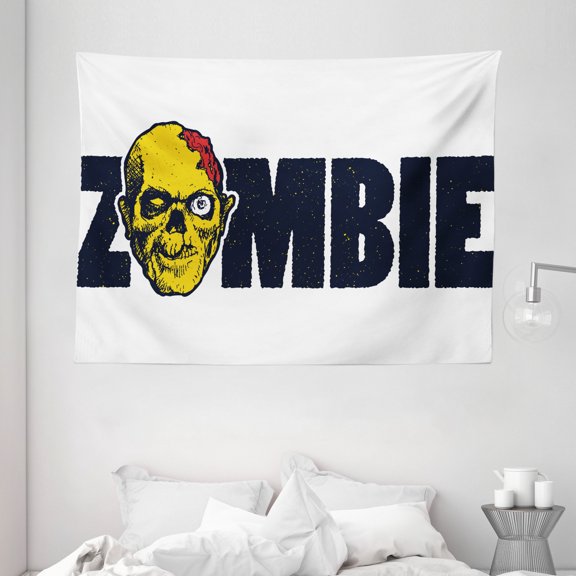Zombie Decor Tapestry, Dead Human Face Caricature with Zombie Typography Monster Illustration, Wall Hanging for Bedroom Living Room Dorm Decor, 80W X 60L Inches, Dark Blue Yellow, by Ambesonne