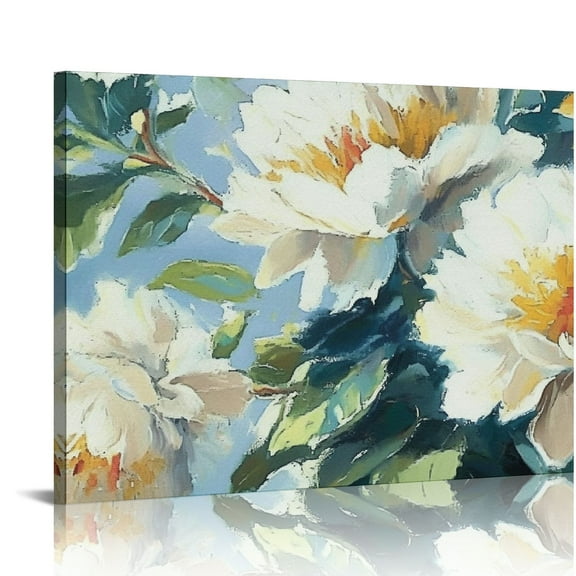 FCXZI White Flower Canvas Wall Art Blooming Floral Painting Abstract Flowers Navy Blue Pictures Modern Artwork for Living Room Bedroom Bathroom 16x12in
