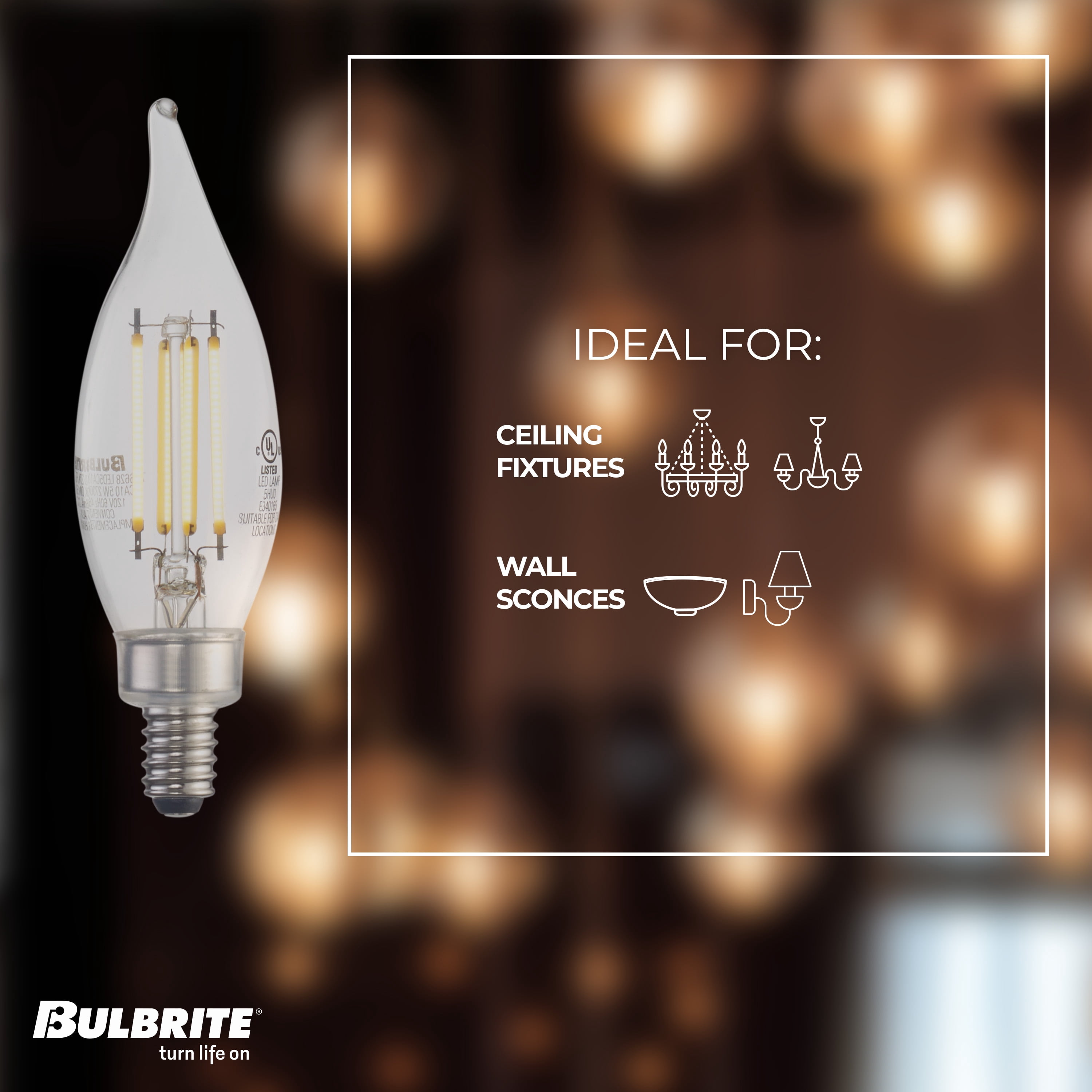 Bulbrite Pack of (4) 5 Watt Dimmable Clear Filament CA10 Candelabra (E12) LED Light Bulb - 500 Lumens, 2700K