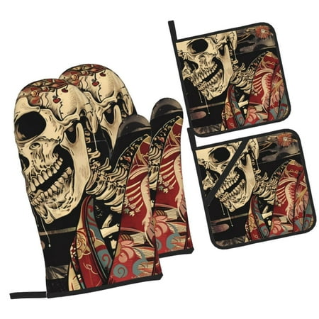 

Haiem Gothic Eastern Floral Skull Print Extra Long Oven Mitts and Pot Holders 4pc Sets: Heat Resistant Silicone Oven Mittens with Mini Oven Gloves and Hot Pads Potholders
