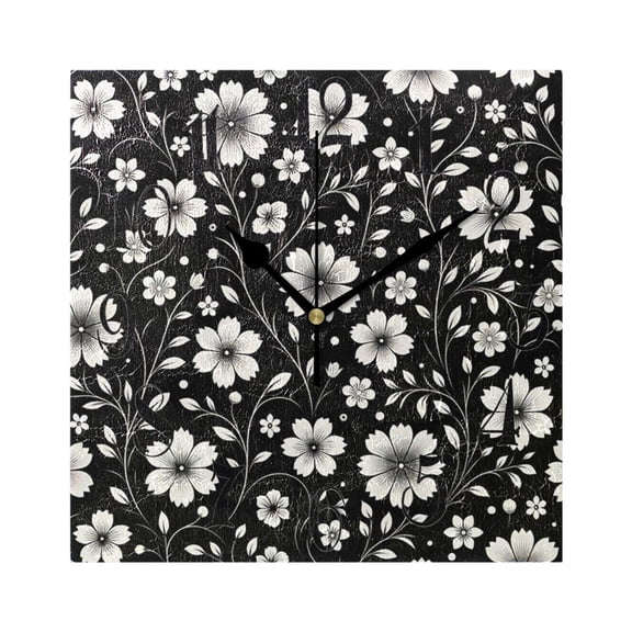 Retro White and Black Flowers Wall Clock Decorative Square Silent Non-Ticking Operated Clocks Aesthetic for Bedroom Living Room