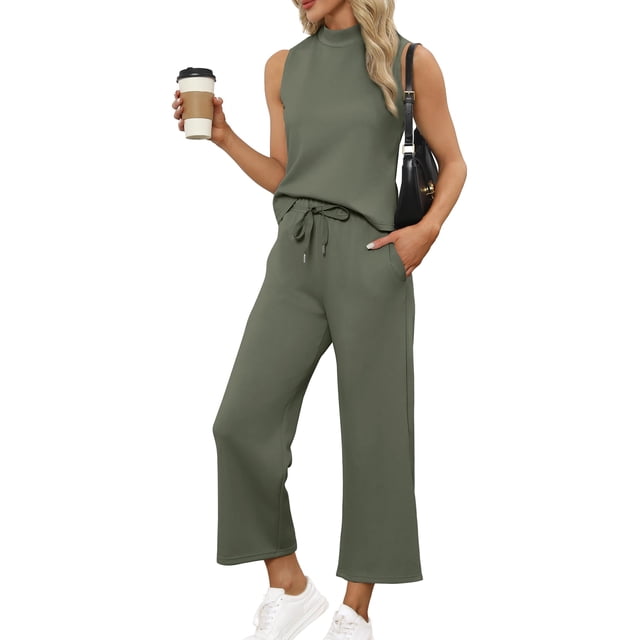 Conjunto de 2 piezas SAMPEEL pantalones anchos, casuales, primaverales, acogedores, sin mangas, verdes