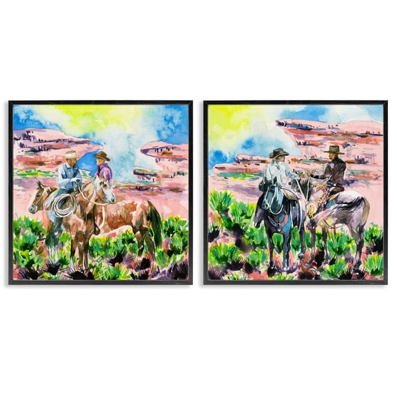 Stupell Industries Cowboys Under Western Sun Landscape & Nature Painting Black Framed Art Print Wall Art, 12 x 12, Set of 2