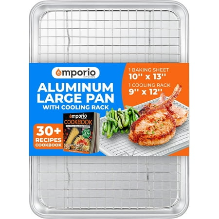 Baking Pan Set - 9" x 13" Aluminum Baking Pan with Stainless Steel Cooling Rack Set, Recipe Booklet Included, Oven Safe Tray, Resist Heat Up to 500&deg; F, Set of 2