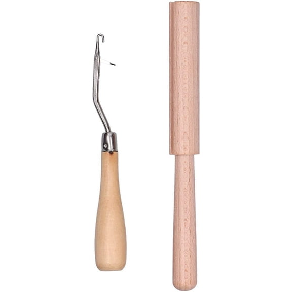 Crochet Hook Wooden Bent Latch Hook Tool and Wooden Thread Cutter Yarn Cutter Tool Knitting Tool Needle Hook Embroidery Crafts Supplies for DIY Latch Hook Rug Tapestry Canvas