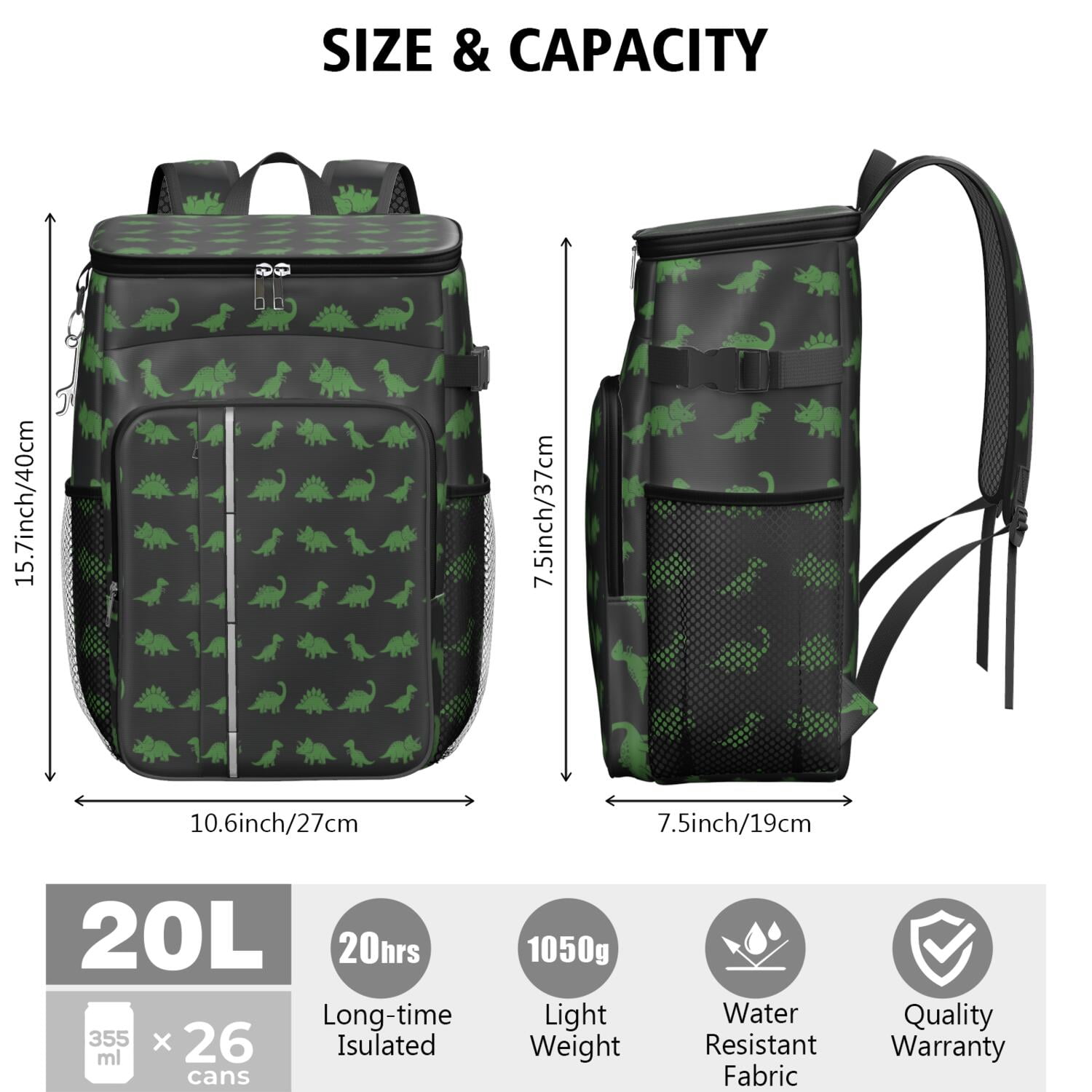 Travel Cooler Bag - Black Dinosaurs Neon Pattern Camping Beer Cooler Backpack with Bottle Opener- Waterproof Insulated Picnic Backpacks - Cooler Bag for Beach