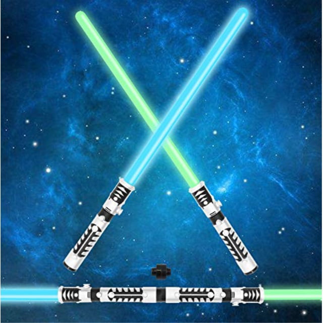 Komiikka Light Up Saber 2-in-1 Led Laser Swords Set Rechargeable Lightsaber with 7 Colors Highlight Lights and Alloy Handle Perfect for Birthday Christmas Choice 