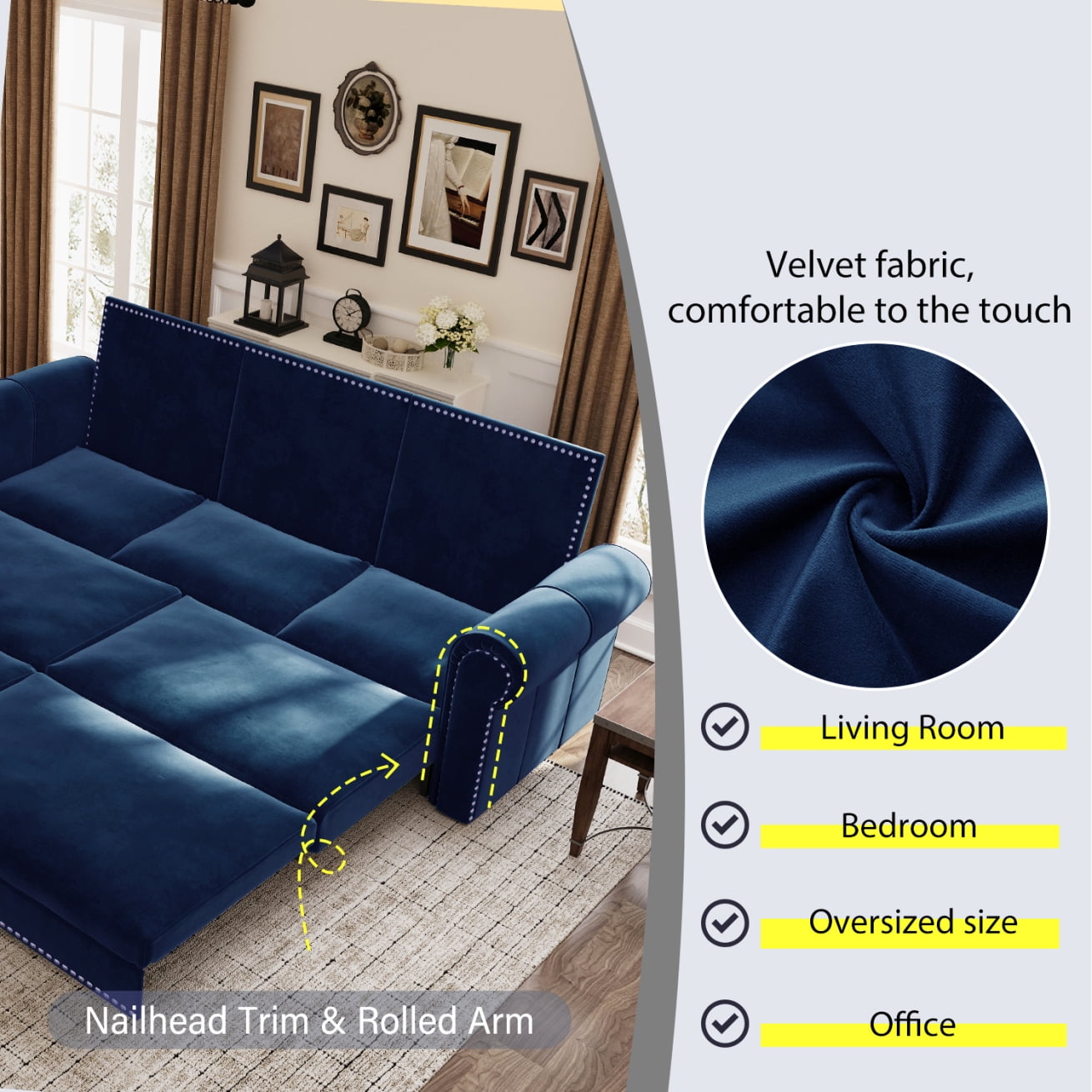 Luxurious 94" King Pull Out Sofa Bed, 3-in-1 Velvet Convertible Sleeper Sofa with Nailhead Trim, Rolled Arm & Deep Seat for Living Room, Blue