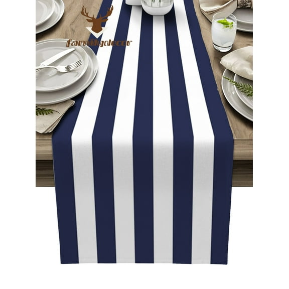 Navy Blue White Stripes Table Runner Home Wedding Table Flag Mat Table Centerpieces Decoration Party Dining Long Tablecloth