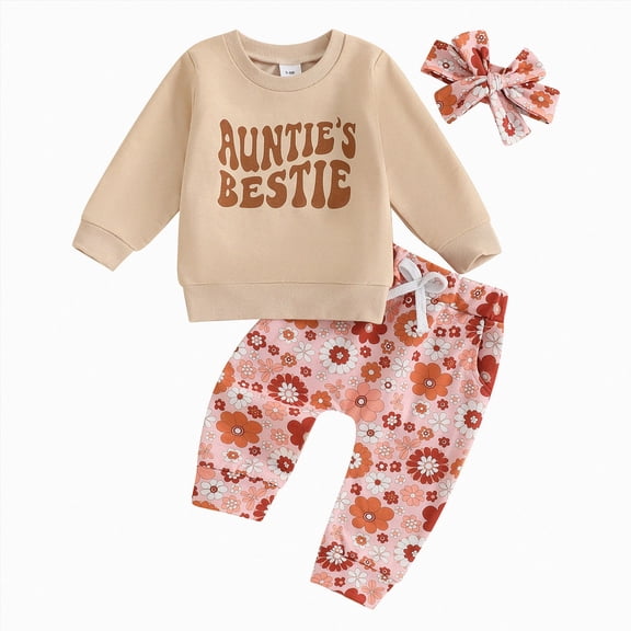 NOLDARES Toddler Kids Girl Cute Fall Winter Clothes 2 Piece Long Sleeve Graphic Tee and Elastic Waist Joggers Outfits Clothing(Beige,2-3 Y)