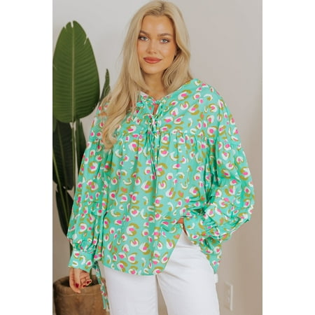 I AM A FASHION JUNKY Green Abstract Printed Lace-up Lantern Sleeve Babydoll Blouse (Green  S  100%Polyester)