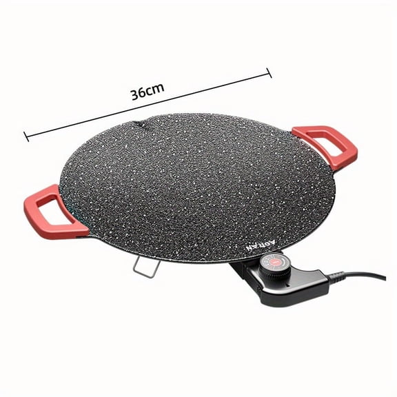 Round Korean Style Electric BBQ Pan - Non-Stick Red Handle with Adjustable Settings for Home Outdoor Grilling
